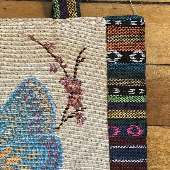 Embroidered Butterfly Canvas Hand Bag Tote Shaped Purse with Colorful Panels - Picture 2 of 6